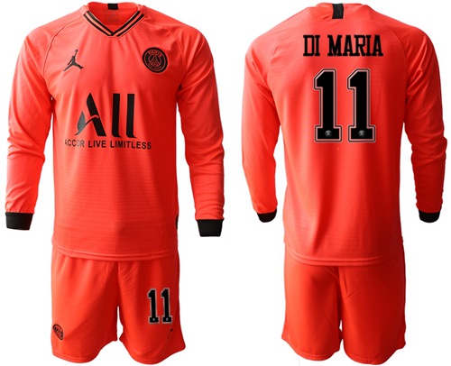 Paris Saint-Germain #11 Di Maria Red Jordan Long Sleeves Soccer Club Jersey